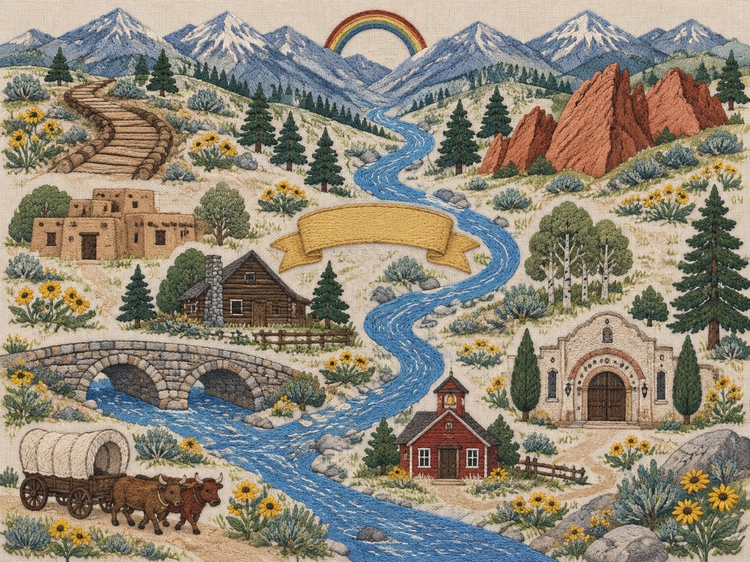 Our embroidery-style illustration of Women's Gold scenes: mountains, a winding path, river, school and theater